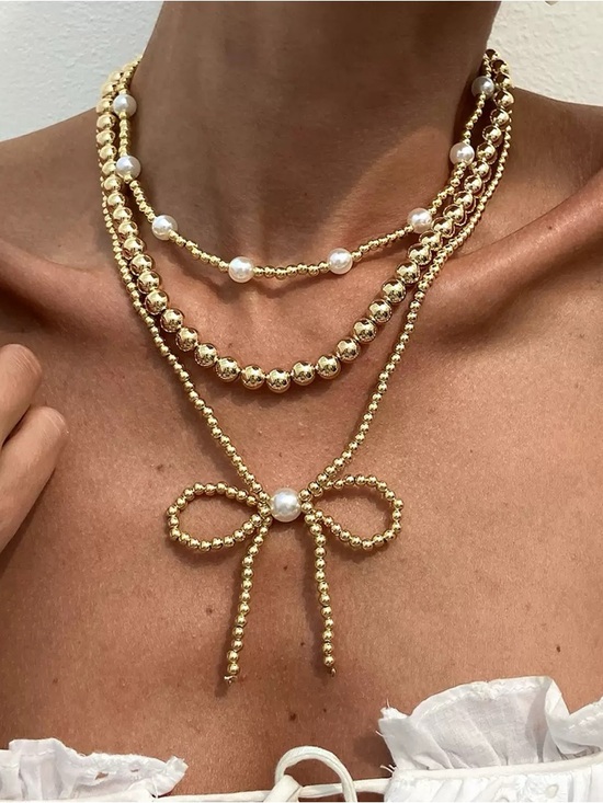 Anthropologie Jewelry - Anthropologie Gold Beaded Layered Necklace with Pearl Bow